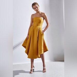 C/MEO Collective Strapless Mustard Gold Dress